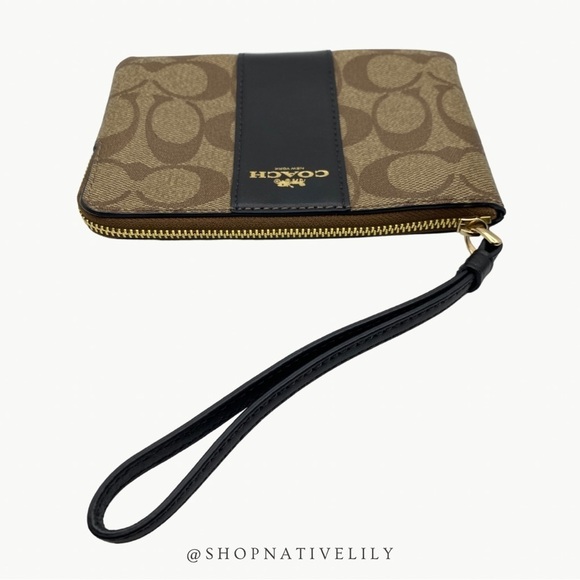 Coach Corner Zip Logo Wristlet In Signature Canvas With Stripe | Khaki/Black - Picture 4 of 11